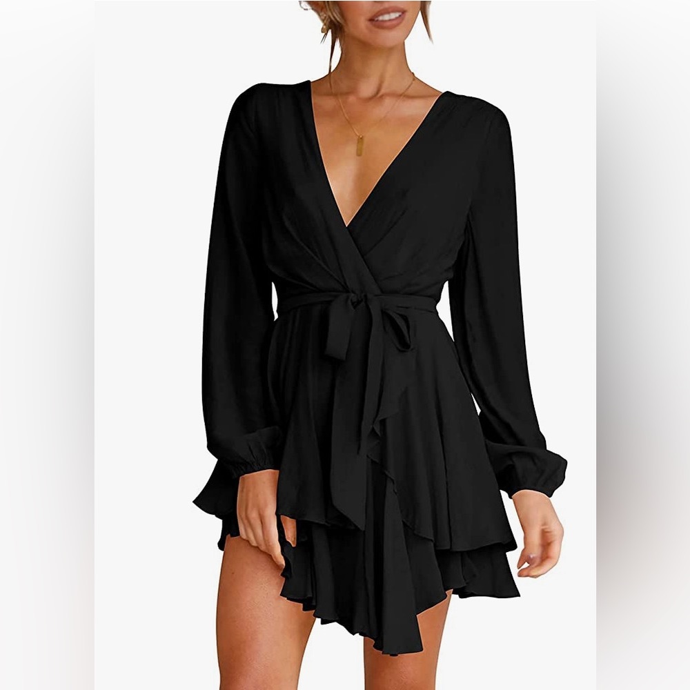 Cosonsen Women Deep V-Neck Long Sleeve Waist Tie Ruffle Mini Swing Skater Dress